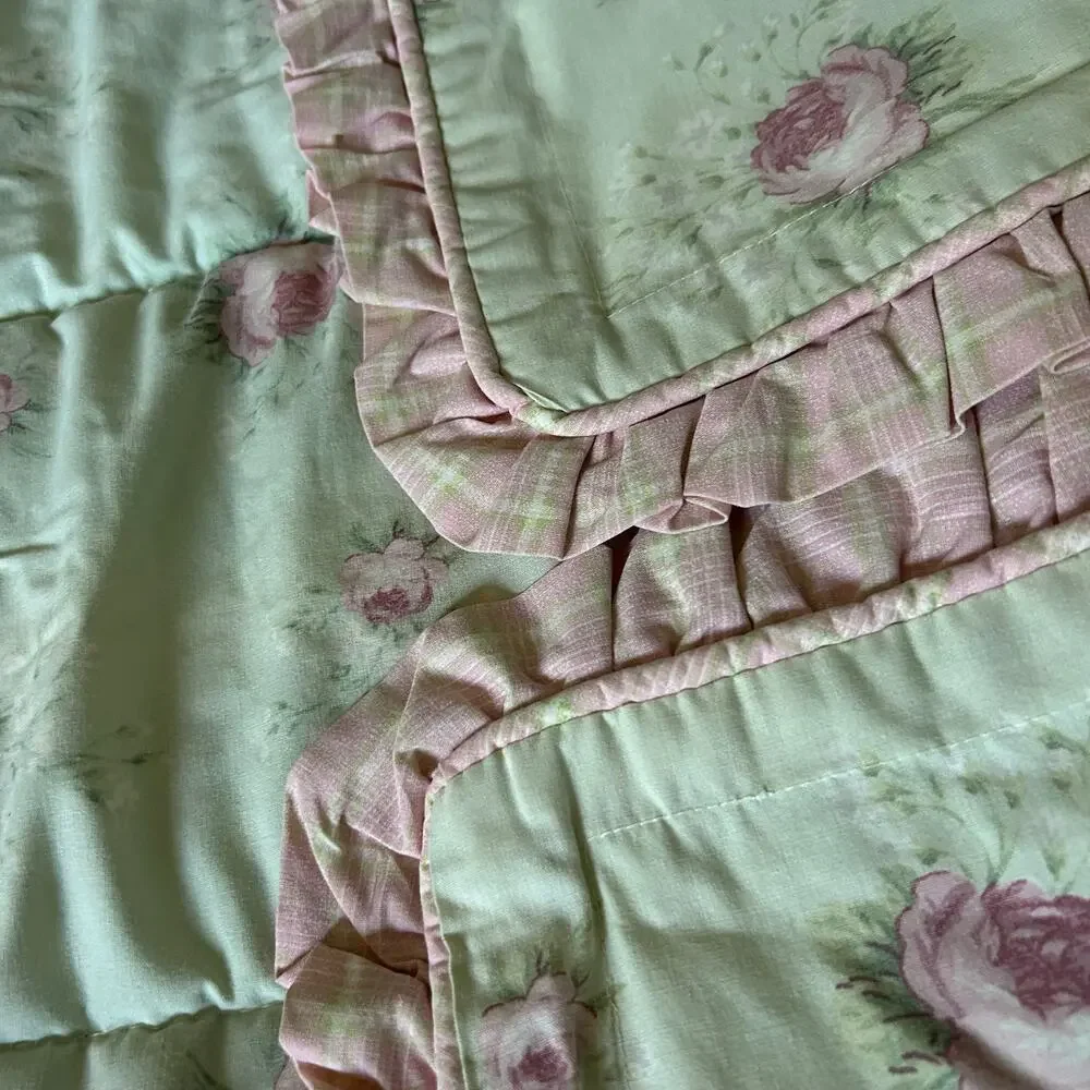 Laura Ashley Green Pink Rose rosemoor full comforter 2 shams cottage core ruffle